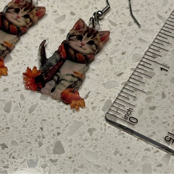 Cute Cat Acrylic Dangle drop Earrings fall colors autumn vibes - Picture 5 of 9
